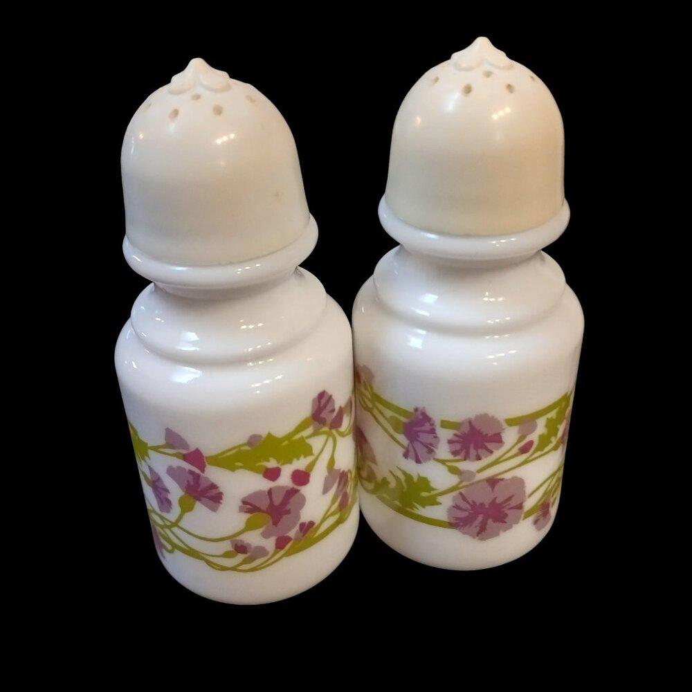 2pc Vintage Avon Milk Glass Shakers | Lilac Floral Kitsch Vanity Decor